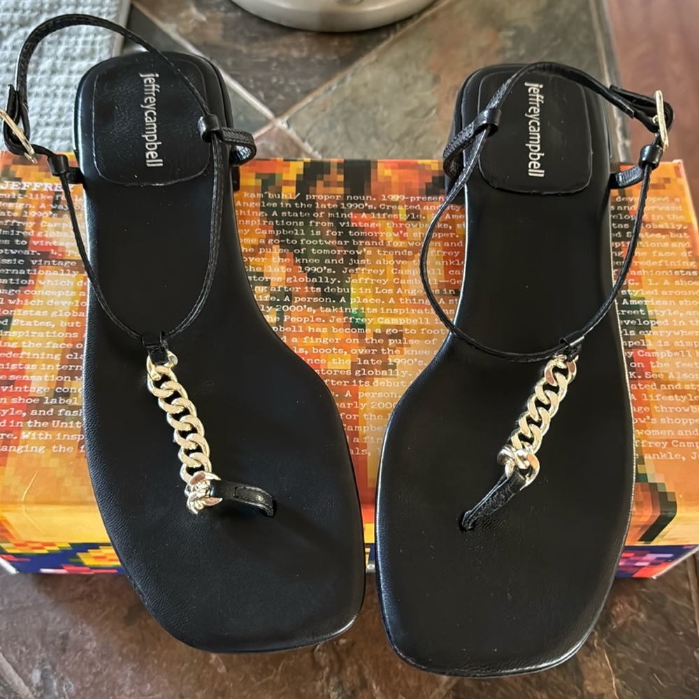 Jeffery Campbell Black sandals with gold chain. Low heel. Never worn. Size 8